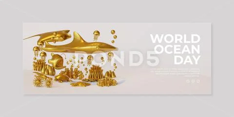 World Ocean Day Banner Template With Gold Composition Of Sea Animals 3D Rende PSD Template