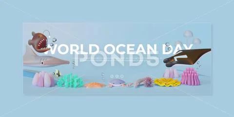 World Ocean Day Banner Template With Composition Of Sea Animals 3D Render Ill PSD Template
