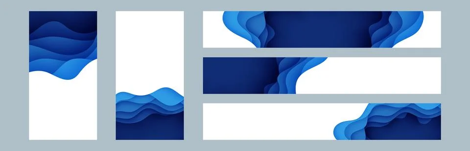 World Ocean day header bundle kit featuring blue and white waves paper cut style Stock Illustration