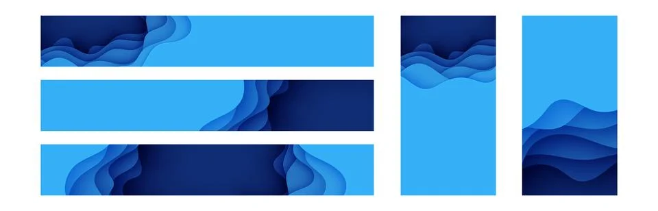 World Ocean day header bundle kit paper cut style. Blue waves background set Stock Illustration