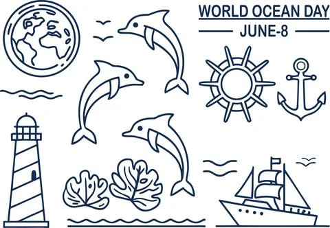 World ocean day icon set with dolphins lighthouse anchor ship and globe sym.. Stock Illustration