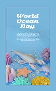 World Ocean Day Poster Template With Lobster 3D Illustration Stock Illustration