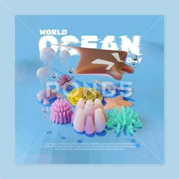 World Ocean Day Social Media Post Template With Manta Ray 3D Render Illustrat PSD Template