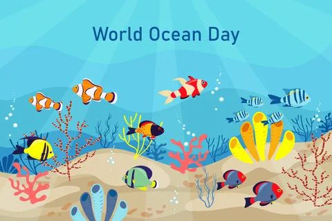 World ocean day vector banner flat style, exotic sea fish and corals. Underwater Stock Illustration