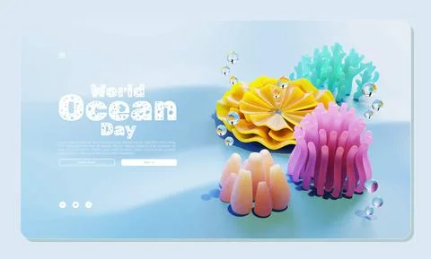 World Ocean Day Web Page Template With Sea Plant Composition 3D Illustration Stock Illustration