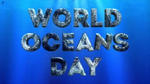 World oceans day background with 3d water texture text on deep blue underwater Stock Footage 328951465