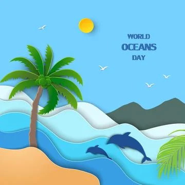 World oceans day concept with view of blue sea on paper cut and craft style Stock Illustration