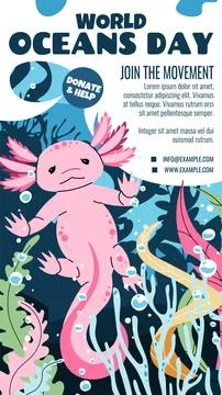 World Oceans Day Flat Design Template. Axolotl with Seaweed Illustration for  Stock Illustration