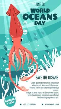 World Oceans Day Flat Design Template. Squid and Coral Reef Illustration fo.. Stock Illustration
