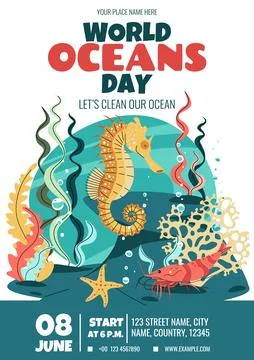 World Oceans Day Flyer Featuring Seahorse in Seagrass for Ocean Protection Ca Stock Illustration