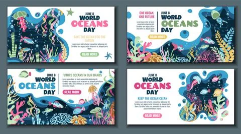 World Oceans Day Horizontal Web Banner Set. Vibrant Coral Reef with Tropica.. Stock Illustration