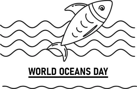 World oceans day poster with fish jumping over wavy water lines simple artwor Ilustração Stock