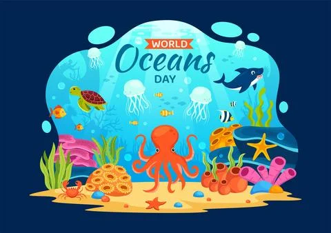 World Oceans Day Vector Illustration to Help Protect and Conserve Ocean, Fi.. Illustrazione stock