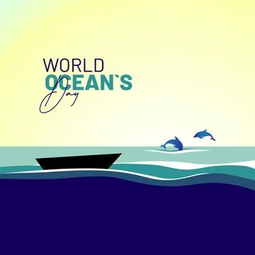 World Oceans Day with waves and dolphins Stock Illustration