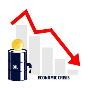 World oil crisis. Graph with down red arrow, halons with oil and dollar sign Stock Illustration