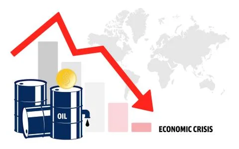 World oil crisis. Graph with down arrow and world map, halons with oil and do Stock Illustration