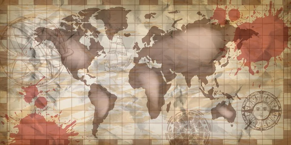 World old map, wind rose sign vector vintage antique cartography background Stock Illustration