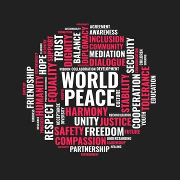 World Peace Word Cloud Concept Vector Illustration with Diplomacy, Unity, a.. Stock Illustration