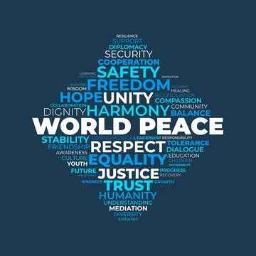 World Peace Word Cloud Typography Graphic with Related Text Concepts on Dar.. Stock Illustration