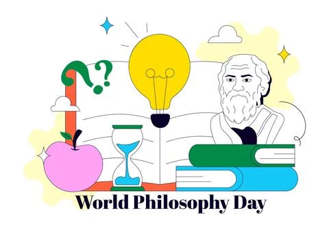 World Philosophy Day Vector Illustration Featuring Books, Ancient Philosoph.. 스톡 일러스트