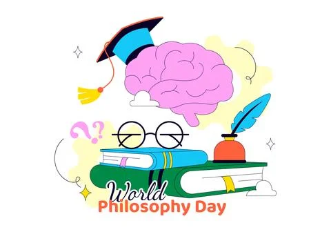 World Philosophy Day Vector Illustration Featuring Books, Ancient Philosoph.. 스톡 일러스트