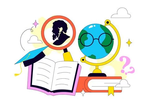World Philosophy Day Vector Illustration Featuring Books, Ancient Philosoph.. 스톡 일러스트