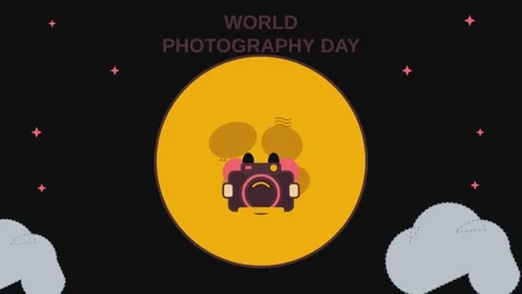 World photography day motion graphics clip featuring camera on yellow backg.. Video stock 341292291