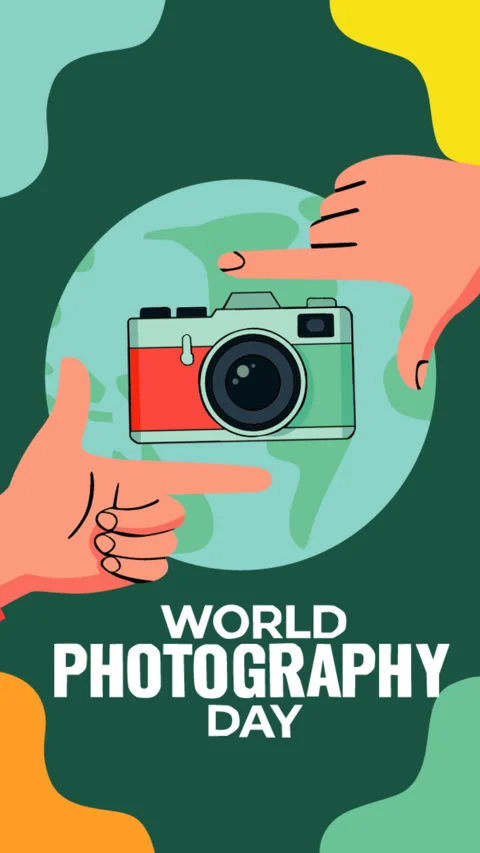 World Photography Day Vertical Background with Framing Hands and Retro Camer Stock Footage 340601521