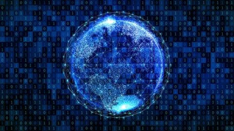World. Planet earth with digital computer network connection lines and binary Stockfoto's