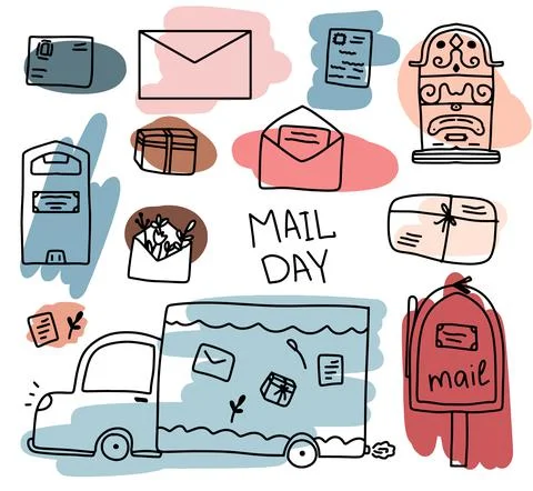 World Post Day, a collection of letters and parcels, a set of mailboxes, a car Illustrazione stock