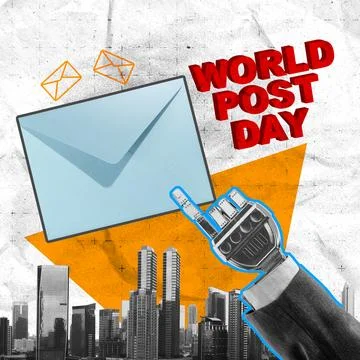 World Post Day creative collage featuring a robotic hand pointing to a blue.. Ilustração Stock