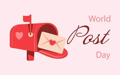 World Post Day. Red postal mailbox with a raised flag, heart, envelope. Post Day Stock Illustration