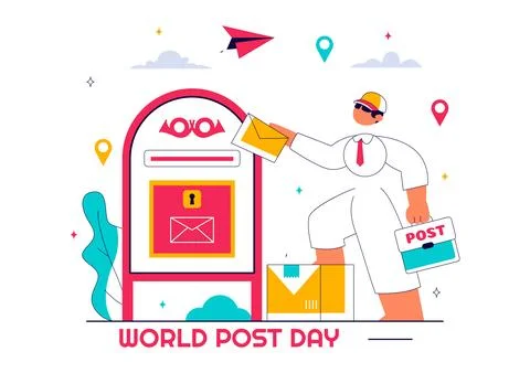 World Post Day Vector Illustration on October 9, Featuring a Red Mailbox Re.. 스톡 일러스트
