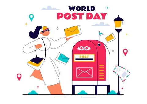 World Post Day Vector Illustration on October 9, Featuring a Red Mailbox Re.. 스톡 일러스트