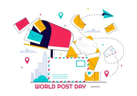 World Post Day Vector Illustration on October 9, Featuring a Red Mailbox Re.. イラスト素材