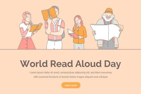 World read aloud day vector banner template. People reading books, newspapers Stock Illustration