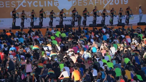 World record attempt in Valencia Spain for the largest group of cyclists to work Stock Footage