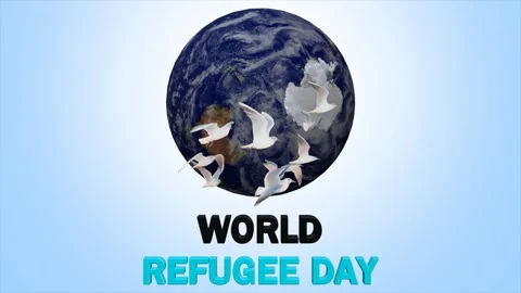 World refugee day background with earth globe and flying white birds Stock Footage 328951483