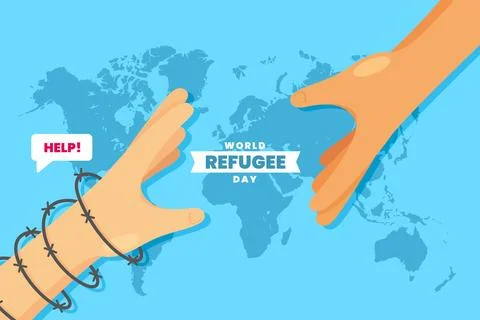 World refugee day with hands over world map Ilustração Stock