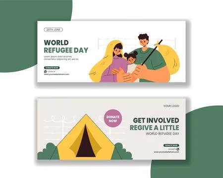 World Refugee Day Horizontal Banner Template with Flat Cartoon Style Illust.. Stock Illustration