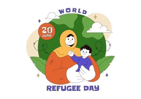 World Refugee Day Vector Illustration With Family Support, Shelter Tent, He.. Stock Illustration