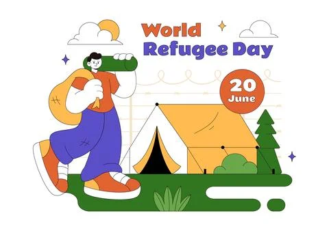 World Refugee Day Vector Illustration With Family Support, Shelter Tent, He.. Stock Illustration