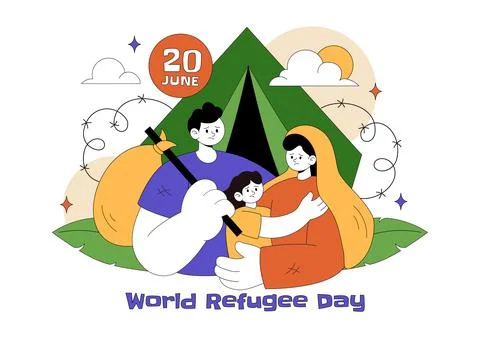 World Refugee Day Vector Illustration With Family Support, Shelter Tent, He.. Stock Illustration