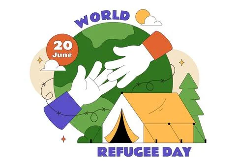World Refugee Day Vector Illustration With Family Support, Shelter Tent, He.. Stock Illustration