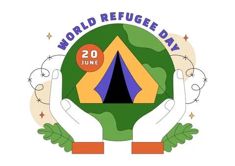 World Refugee Day Vector Illustration With Family Support, Shelter Tent, He.. Stock Illustration
