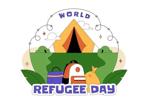World Refugee Day Vector Illustration With Family Support, Shelter Tent, He.. Stock Illustration