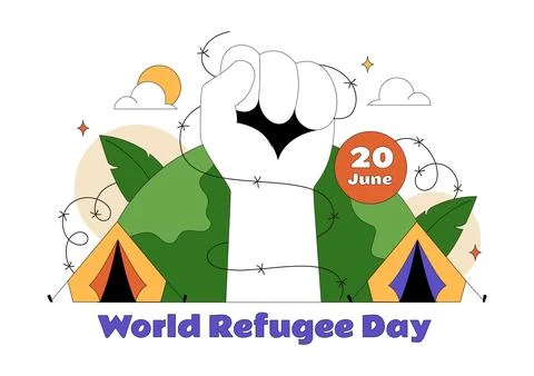 World Refugee Day Vector Illustration With Family Support, Shelter Tent, He.. Stock Illustration