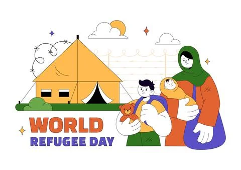 World Refugee Day Vector Illustration With Family Support, Shelter Tent, He.. Stock Illustration