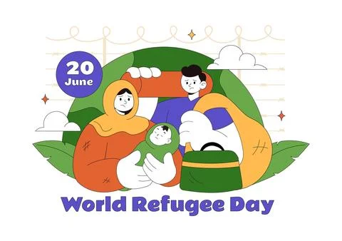World Refugee Day Vector Illustration With Family Support, Shelter Tent, He.. Stock Illustration