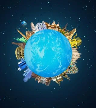 World religious and architecture monuments- collage or globe from different Ilustração Stock